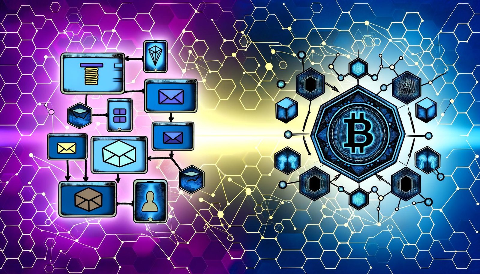 Moderne Illustration eines Etsy-Shops links und einer Blockchain rechts, verbunden durch digitale Schnittstellen, Wallet-Logos und fließende Daten in einer innovativen Farbpalette.