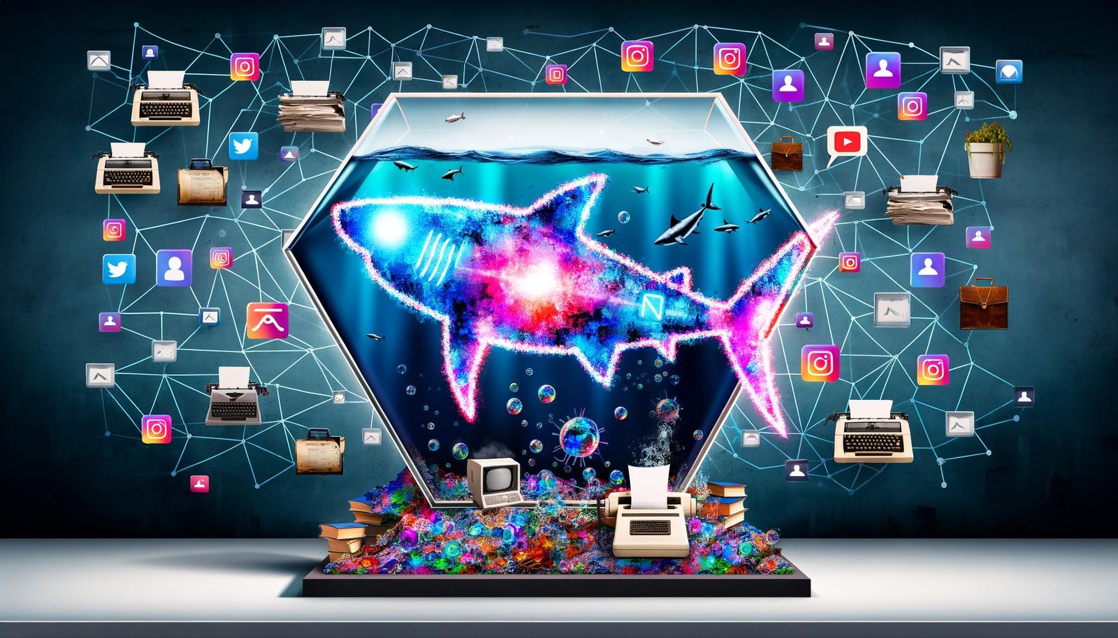 Dramatische Illustration eines digitalen Haifischbeckens mit KI-Silhouette, Social-Media-Icons und zerfallenden analogen Geräten im elektrischen Farbschema