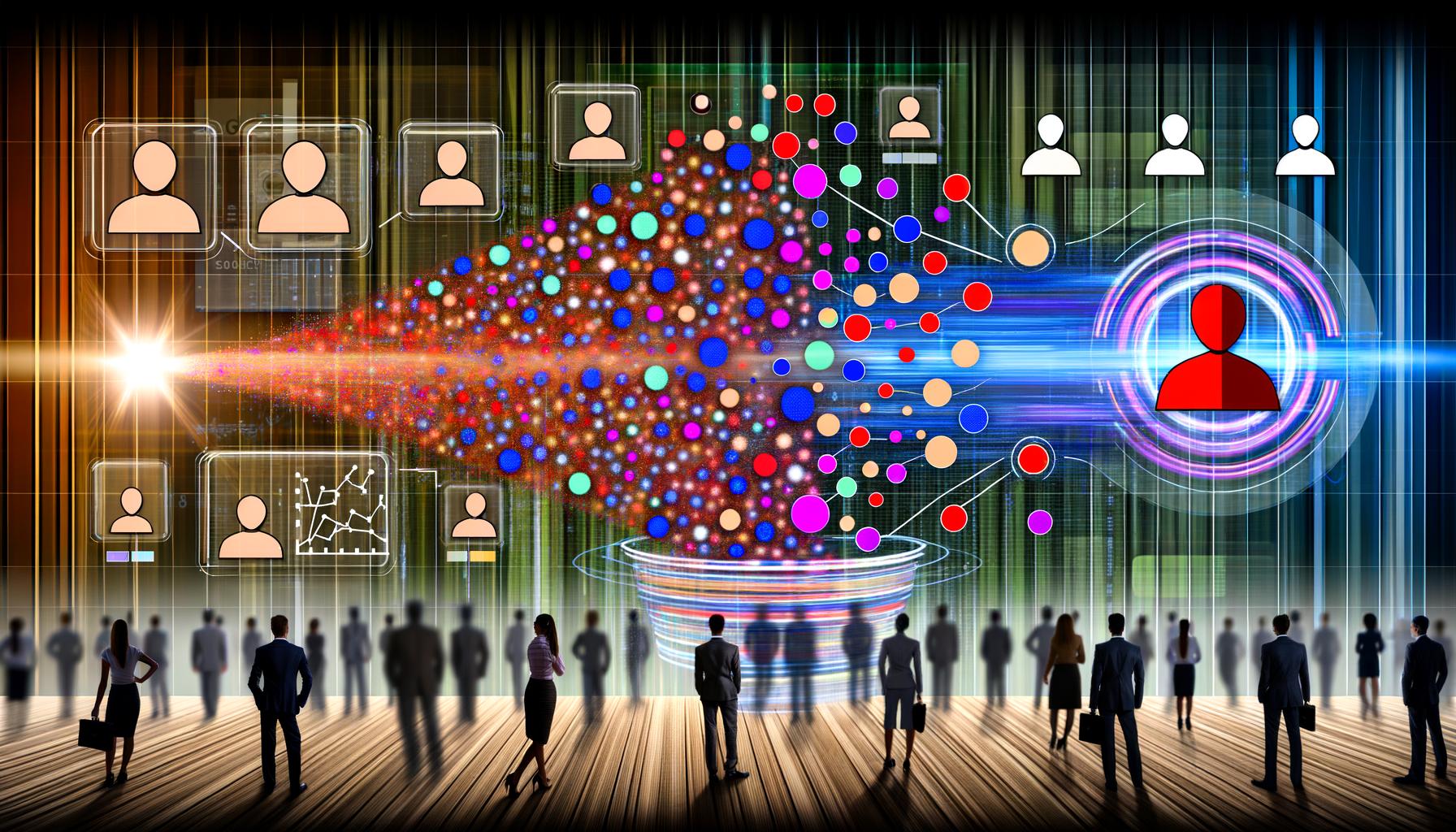 Marketing-Team vor digitalen Datenströmen mit farbigen Kunden-Clustern und algorithmischen Linien. Im Hintergrund verblassen klassische Personas, im Vordergrund strahlen KI-gestützte Datenmodelle.