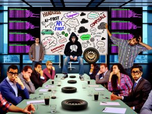 Chaotisches Konferenzzimmer mit IT-Nerds, Whiteboard voll Buzzwords, enttäuschte Teammitglieder, Plattfußreifen und chaotische CMS-Dashboards.