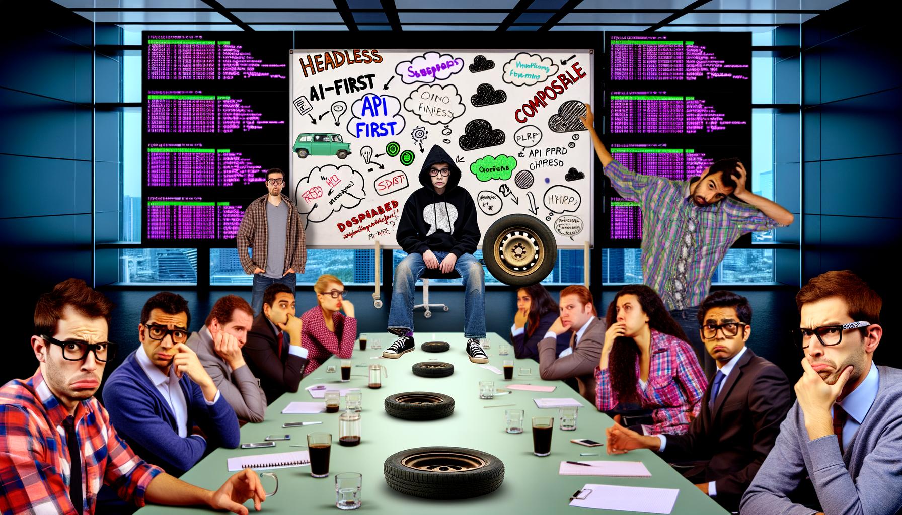 Chaotisches Konferenzzimmer mit IT-Nerds, Whiteboard voll Buzzwords, enttäuschte Teammitglieder, Plattfußreifen und chaotische CMS-Dashboards.