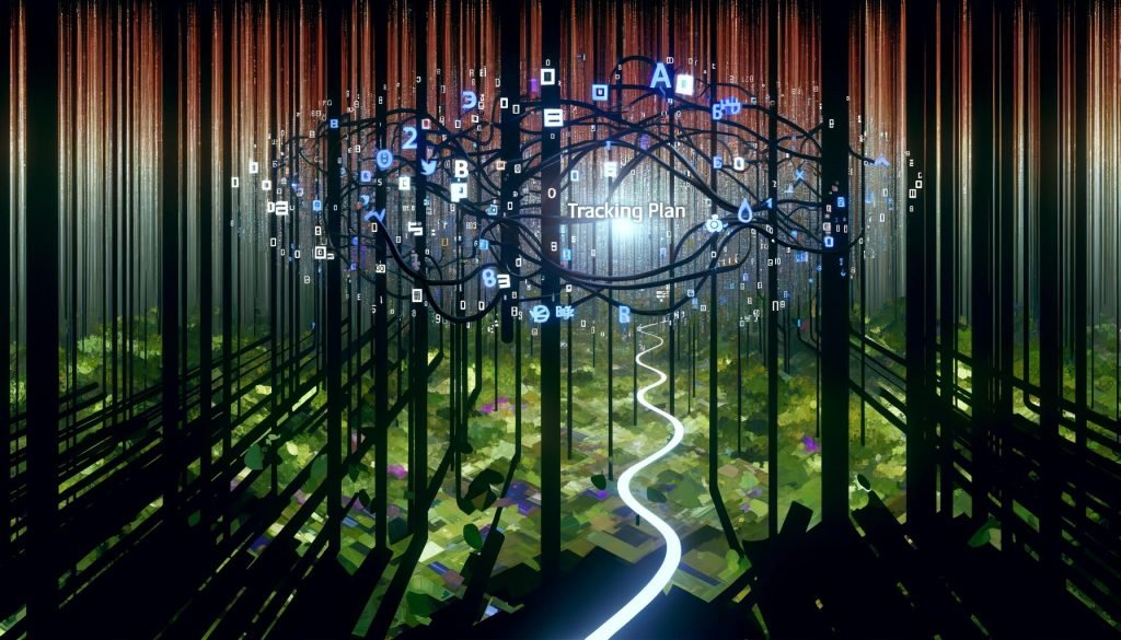 Büroangestellte irren durch einen metaphorischen Dschungel aus Datenlinien und digitalen Ranken, bis ein leuchtender Tracking-Plan Orientierung im Zahlen- und Code-Chaos bietet.