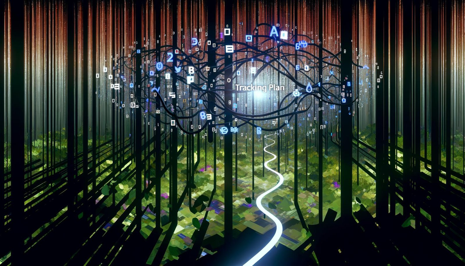 Büroangestellte irren durch einen metaphorischen Dschungel aus Datenlinien und digitalen Ranken, bis ein leuchtender Tracking-Plan Orientierung im Zahlen- und Code-Chaos bietet.