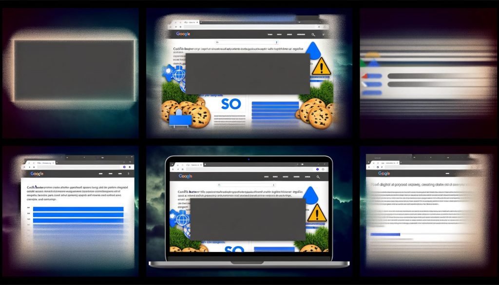 Collage moderner Webseiten mit großem Cookie-Banner, grauen Suchergebnissen, Warnsymbolen für Datenschutz und SEO, Performance-Icons mit roten Werten sowie technische Infografiken zu Usability- und SEO-Problemen durch Cookie-Banner.