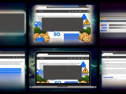 Collage moderner Webseiten mit großem Cookie-Banner, grauen Suchergebnissen, Warnsymbolen für Datenschutz und SEO, Performance-Icons mit roten Werten sowie technische Infografiken zu Usability- und SEO-Problemen durch Cookie-Banner.