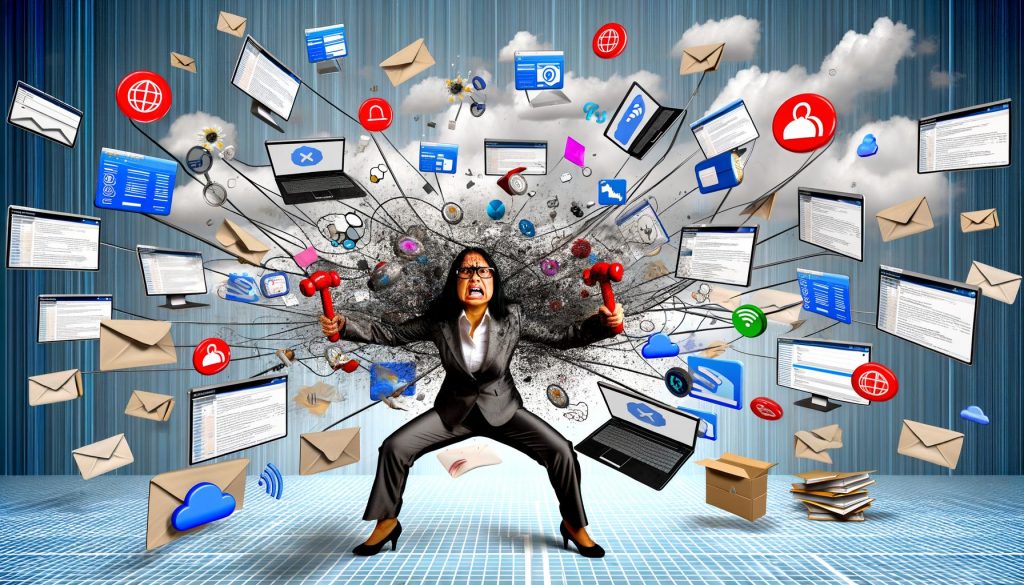 Überfüllter digitaler Arbeitsplatz mit verschiedenen Marketing- und Geschäftstools, einem frustrierten Nutzer im Vordergrund und fehlerhaften Verbindungen im Hintergrund.