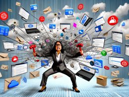 Überfüllter digitaler Arbeitsplatz mit verschiedenen Marketing- und Geschäftstools, einem frustrierten Nutzer im Vordergrund und fehlerhaften Verbindungen im Hintergrund.