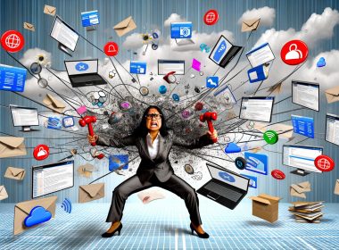 Überfüllter digitaler Arbeitsplatz mit verschiedenen Marketing- und Geschäftstools, einem frustrierten Nutzer im Vordergrund und fehlerhaften Verbindungen im Hintergrund.