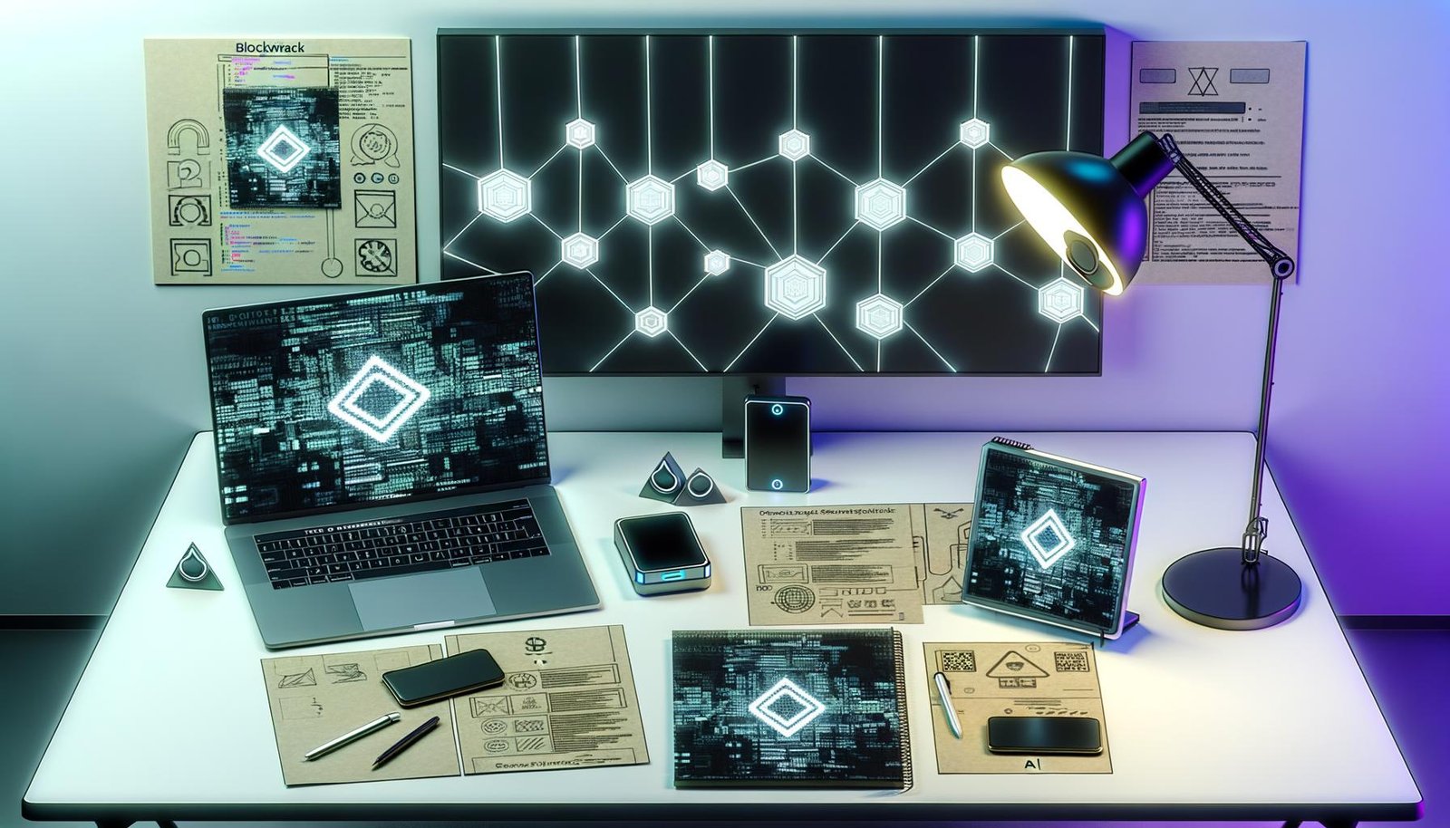 Modernes, aufgeräumtes NFT-Arbeitsplatz-Setup mit Laptop, digitalen NFTs auf großem Bildschirm, LED-Hardware-Wallet, technischem Notizbuch und dem Etsy-Logo vor Blockchain-Muster.