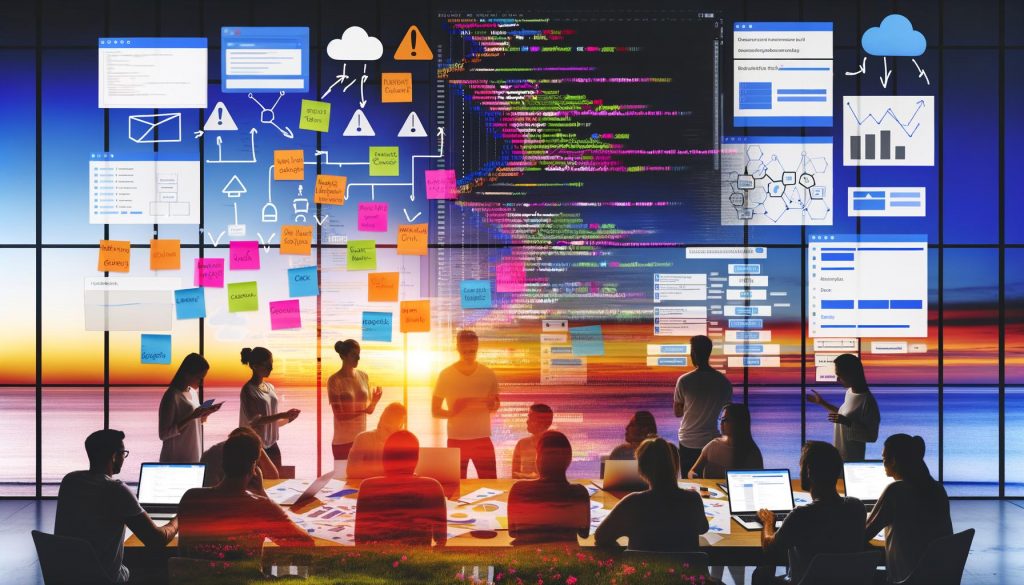 Team aus Marketern und Entwicklern beim Debuggen komplexer Analytics-Setups in einem modernen Arbeitsplatz bei Dämmerung, umgeben von Whiteboard, Notizzetteln, Laptops und Analysediagrammen mit Fehlerwarnungen.