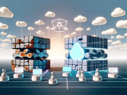 Dynamische Darstellung einer digitalen Landschaft mit kollaborativem Headless CMS, leuchtenden Datenströmen, vielfältigen Tools und verschiedenen Endgeräten, während alte CMS-Systeme im Hintergrund untergehen.