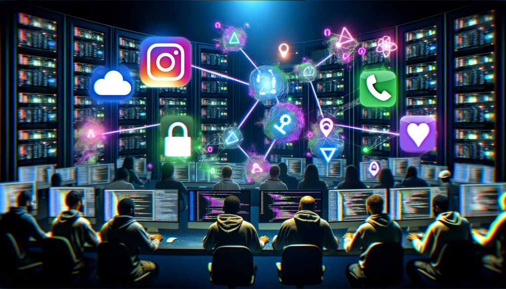 Futuristischer Serverraum mit leuchtenden Rechnern, Marketern an Monitoren und Icons von Instagram, TikTok, LinkedIn, Facebook, umgeben von animierten Datenströmen und Scraper-Framework-Logos.