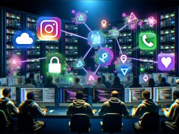 Futuristischer Serverraum mit leuchtenden Rechnern, Marketern an Monitoren und Icons von Instagram, TikTok, LinkedIn, Facebook, umgeben von animierten Datenströmen und Scraper-Framework-Logos.