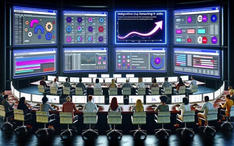 Digital Marketing Kontrollcenter mit mehreren Monitoren, die Dashboards, Nutzersegmente und einen Remarketing-Prozess mit farbigen Charts sowie Google Ads und Facebook Logos zeigen.