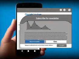 Smartphone mit moderner Website, großes halbtransparentes Newsletter-Pop-up legt sich über verschwommene Inhalte, kleiner Schließen-Button, am Rand fallende Google-Ranking-Symbole.