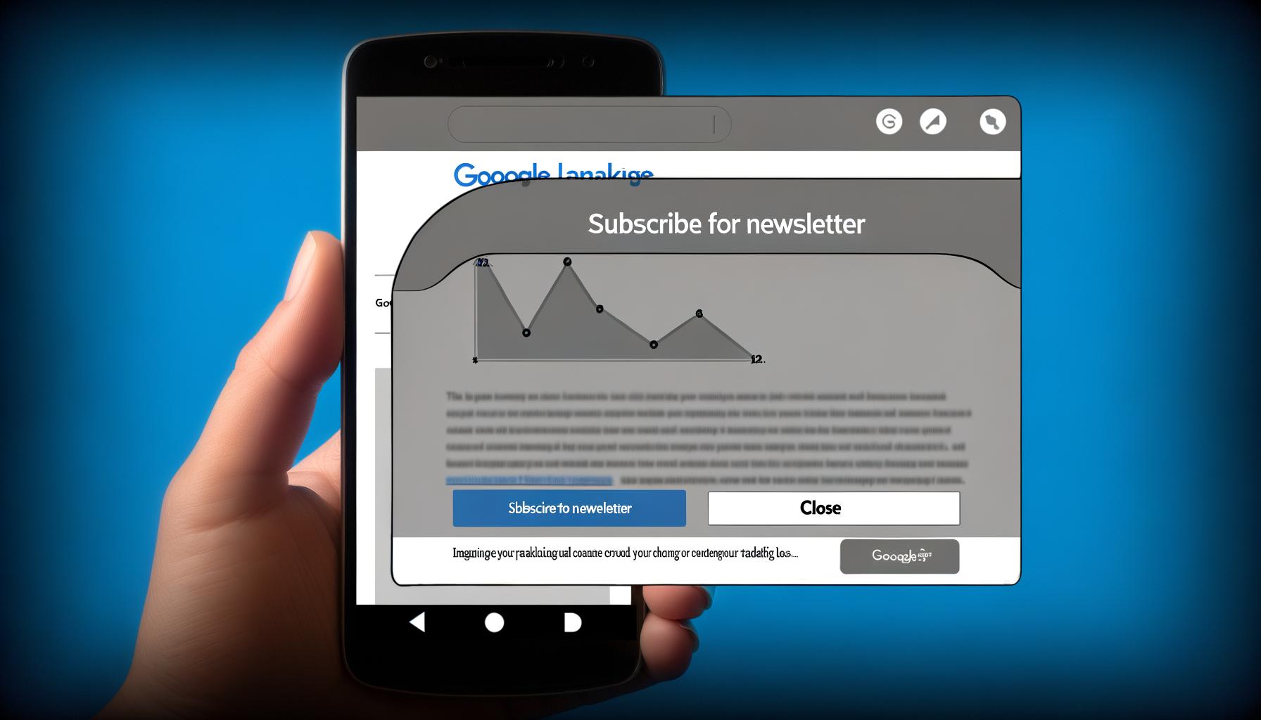 Smartphone mit moderner Website, großes halbtransparentes Newsletter-Pop-up legt sich über verschwommene Inhalte, kleiner Schließen-Button, am Rand fallende Google-Ranking-Symbole.