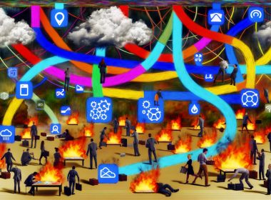 Illustration eines chaotischen digitalen SaaS-Ökosystems mit überforderten Nutzern, explodierenden Integrations-Brücken und einem Architekten, der eine modulare Lösung skizziert.