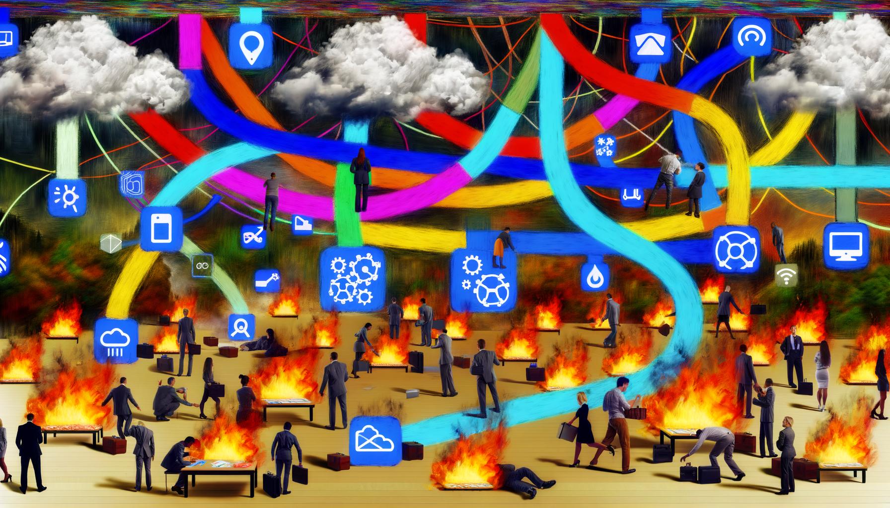 Illustration eines chaotischen digitalen SaaS-Ökosystems mit überforderten Nutzern, explodierenden Integrations-Brücken und einem Architekten, der eine modulare Lösung skizziert.