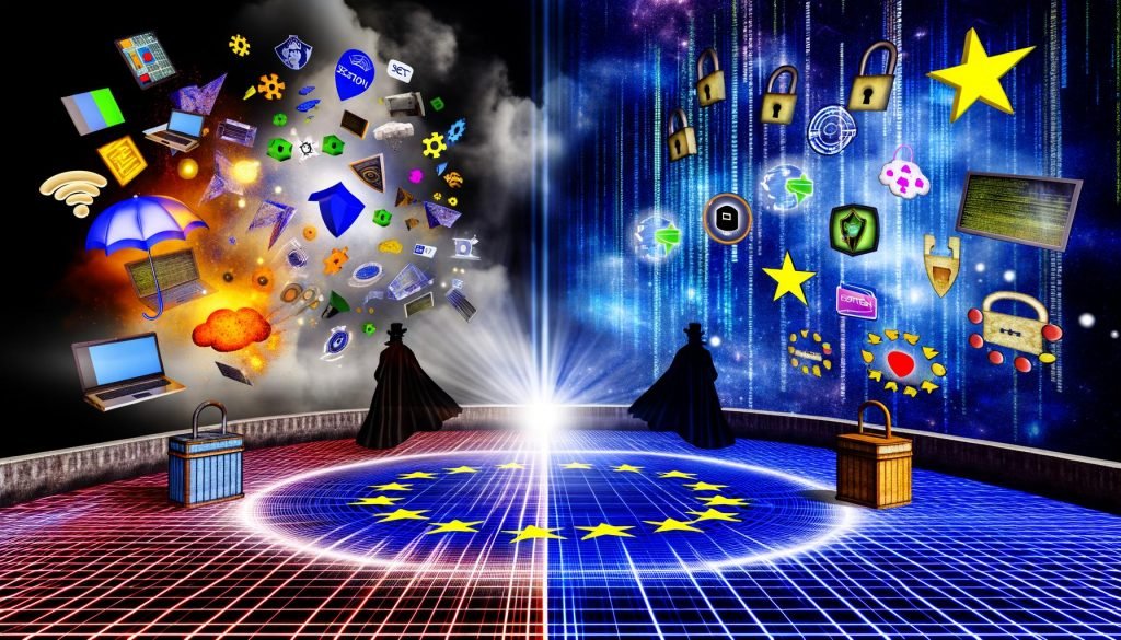 Illustration eines futuristischen digitalen Kampfes zwischen Symbolen für Innovation und Freiheit auf der einen sowie Datenschutz und EU-Regeln auf der anderen Seite. Im Mittelpunkt das strahlende ePrivacy-Logo.