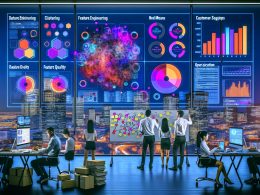 Datenwissenschaftler und Marketingfachleute kollaborieren in einem modernen Büro vor digitalen Bildschirmen mit Cluster-Visualisierungen und Diagrammen