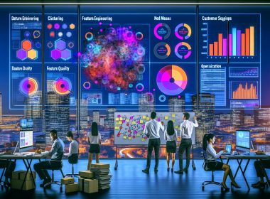 Datenwissenschaftler und Marketingfachleute kollaborieren in einem modernen Büro vor digitalen Bildschirmen mit Cluster-Visualisierungen und Diagrammen