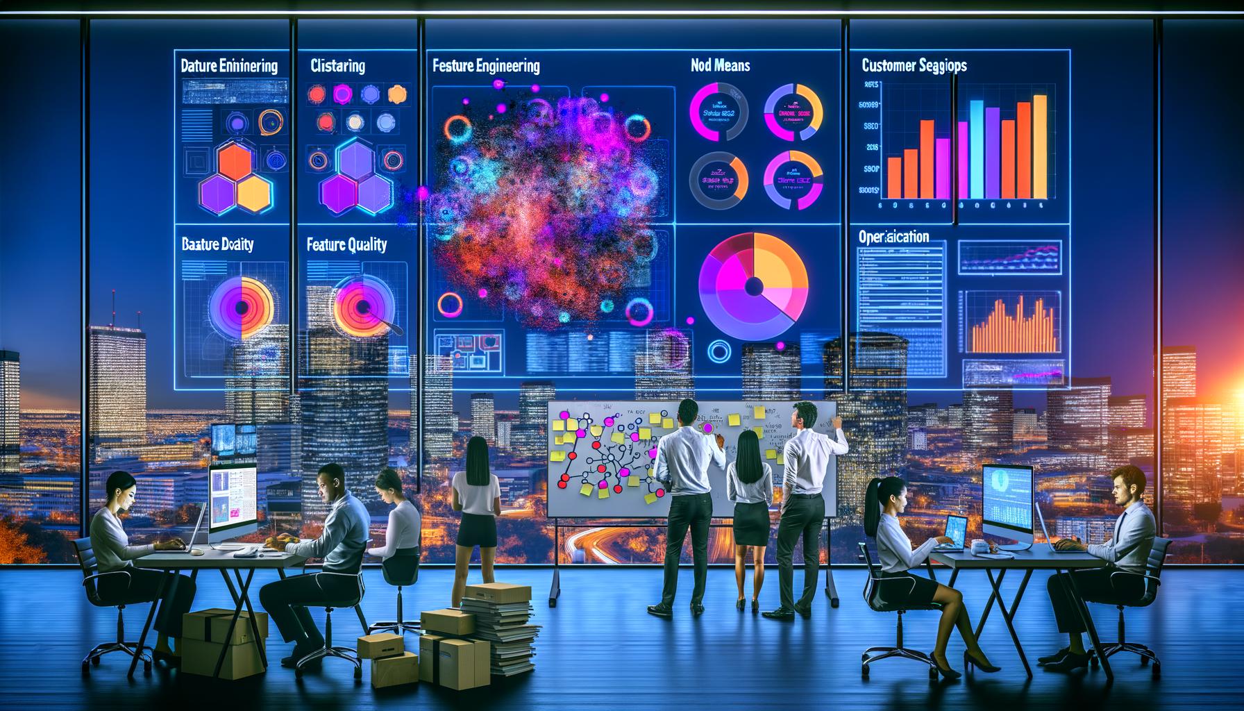 Datenwissenschaftler und Marketingfachleute kollaborieren in einem modernen Büro vor digitalen Bildschirmen mit Cluster-Visualisierungen und Diagrammen
