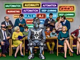 Familienfest-Szene mit futuristischem Roboter-Onkel, modernen Gästen in Business-Outfits, VR-Brillen und Laptops; Marketing-Keywords leuchten als Neonlichter, Pop-Art-Atmosphäre.