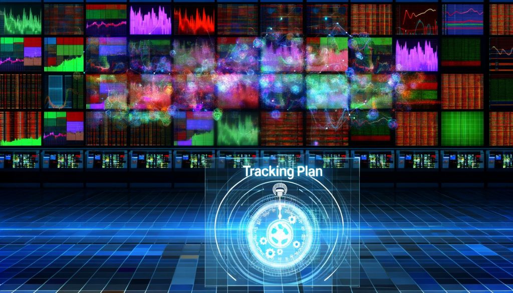 Kontrollraum mit überfüllten digitalen Bildschirmen und klar organisiertem Tracking-Plan im Vordergrund