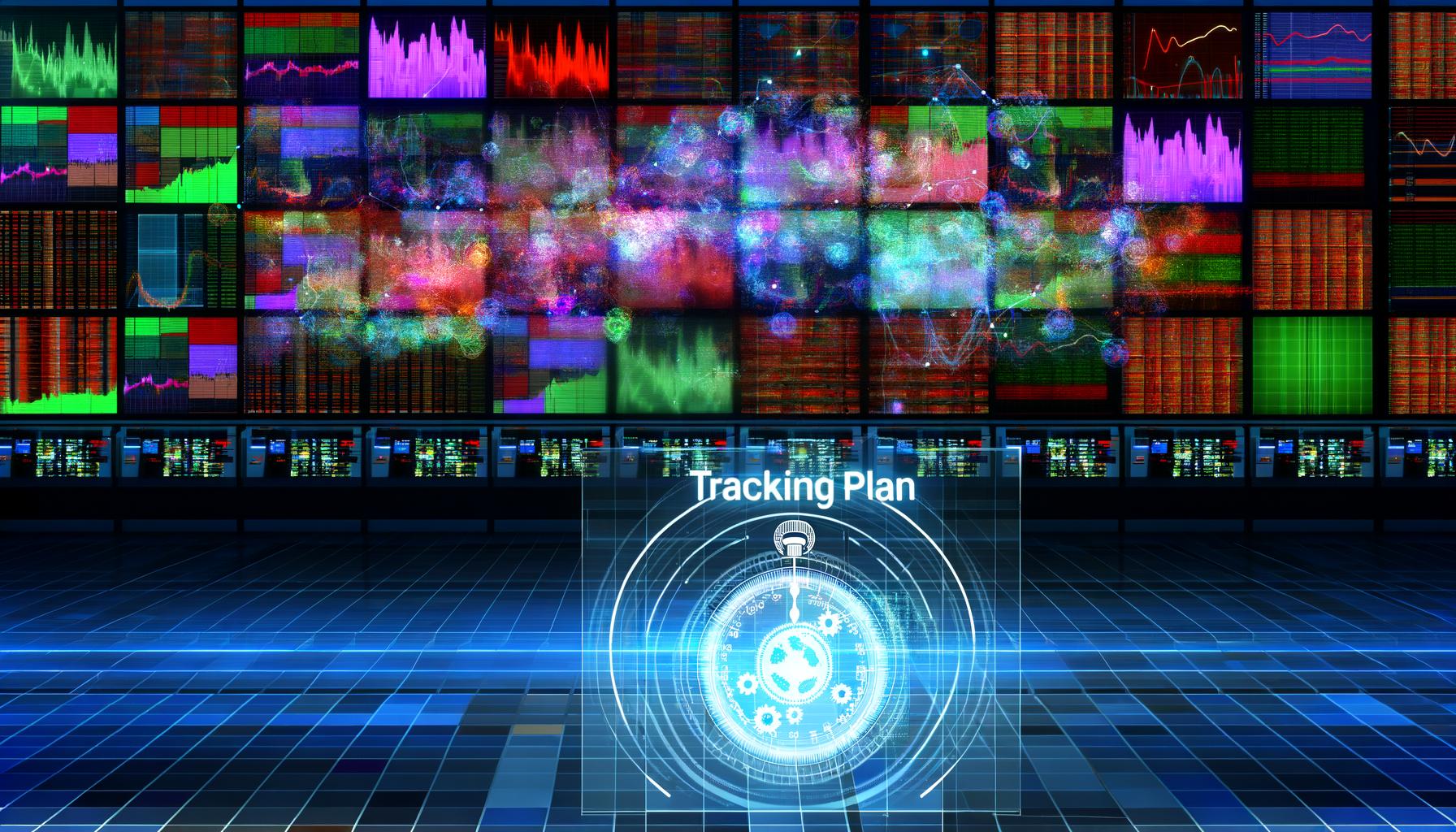 Kontrollraum mit überfüllten digitalen Bildschirmen und klar organisiertem Tracking-Plan im Vordergrund