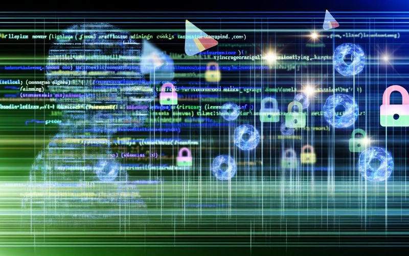 Futuristische digitale Landschaft mit Website-Interface, transparentem Code, leuchtenden Pixeln, Cookie-Icons und Nutzer-Silhouetten, verbunden mit Werbenetzwerken