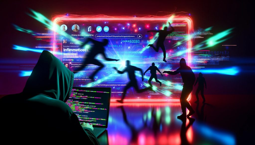 Dynamisch-düstere Grafik: TikTok-Startscreen mit Trend-Hashtags und Datencodes, eine vermummte Figur am Laptop, im Hintergrund tanzende Schatten, alles zwischen Glamour und Matrix-Stil.