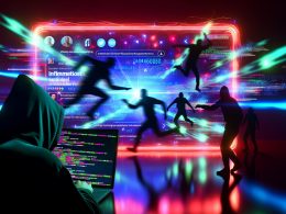 Dynamisch-düstere Grafik: TikTok-Startscreen mit Trend-Hashtags und Datencodes, eine vermummte Figur am Laptop, im Hintergrund tanzende Schatten, alles zwischen Glamour und Matrix-Stil.