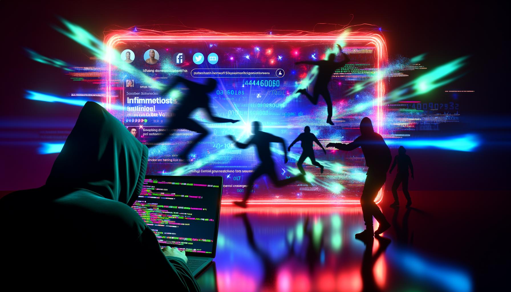 Dynamisch-düstere Grafik: TikTok-Startscreen mit Trend-Hashtags und Datencodes, eine vermummte Figur am Laptop, im Hintergrund tanzende Schatten, alles zwischen Glamour und Matrix-Stil.