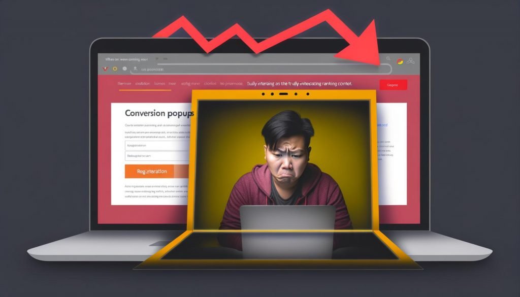 Geteilte Szene: Links ein Website-Popup überdeckt Inhalte, rechts ein genervter Nutzer mit sinkender Ranking-Kurve.