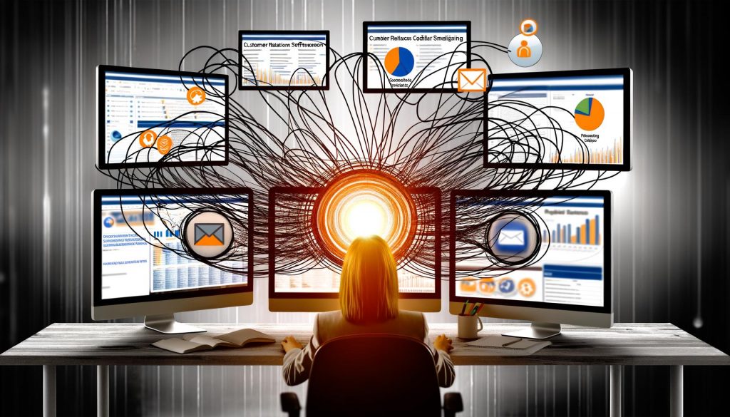 Überforderter Marketer jongliert mit mehreren Tools an verschiedenen Bildschirmen, während ein leuchtendes Integrations-Hub die digitale Unordnung klärt.