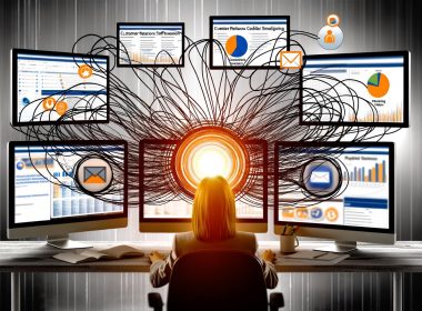 Überforderter Marketer jongliert mit mehreren Tools an verschiedenen Bildschirmen, während ein leuchtendes Integrations-Hub die digitale Unordnung klärt.