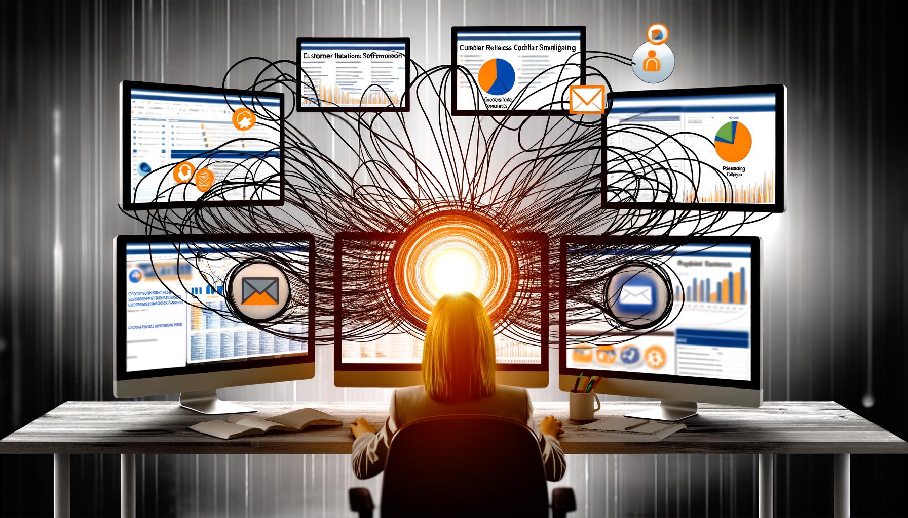 Überforderter Marketer jongliert mit mehreren Tools an verschiedenen Bildschirmen, während ein leuchtendes Integrations-Hub die digitale Unordnung klärt.