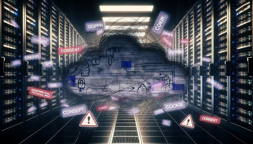 Düsterer Serverraum mit blinkenden Serverracks, Datenströmen, schwebenden Consent-Popups, Tracking-Codes und einem zersetzten Cookie-Banner. DSGVO- und ePrivacy-Hinweise sowie rote Warnmeldungen vermitteln angespannten Umgang mit Datenschutz.