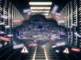 Düsterer Serverraum mit blinkenden Serverracks, Datenströmen, schwebenden Consent-Popups, Tracking-Codes und einem zersetzten Cookie-Banner. DSGVO- und ePrivacy-Hinweise sowie rote Warnmeldungen vermitteln angespannten Umgang mit Datenschutz.