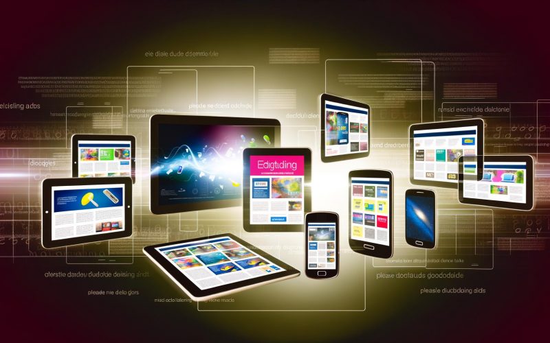 Collage aus Smartphone, Tablet, Laptop und Smart TV mit dynamischen Werbeanzeigen auf leuchtendem Hintergrund, Anpassung der Anzeigen in Echtzeit und algorithmischen Linien