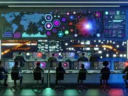 Futuristisches Nachtbüro mit Marketing- und Data-Science-Teams, die an leuchtenden Monitoren und holografischen Datenclustern arbeiten, Neon-404-Graffiti im Hintergrund.