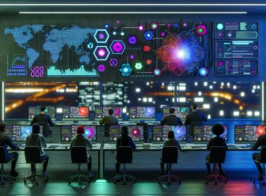 Futuristisches Nachtbüro mit Marketing- und Data-Science-Teams, die an leuchtenden Monitoren und holografischen Datenclustern arbeiten, Neon-404-Graffiti im Hintergrund.