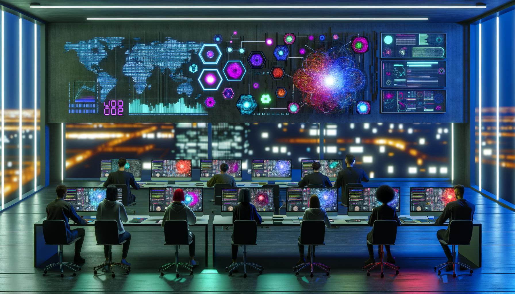 Futuristisches Nachtbüro mit Marketing- und Data-Science-Teams, die an leuchtenden Monitoren und holografischen Datenclustern arbeiten, Neon-404-Graffiti im Hintergrund.