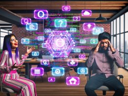 Hip gekleideter Marketer betrachtet bunte holografische Content-Module, während ein gestresster Entwickler einen Bildschirm mit Code und API-Diagrammen ansieht. Digitale Icons für KI, Cloud, SEO und Security sind zu sehen.