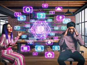 Hip gekleideter Marketer betrachtet bunte holografische Content-Module, während ein gestresster Entwickler einen Bildschirm mit Code und API-Diagrammen ansieht. Digitale Icons für KI, Cloud, SEO und Security sind zu sehen.