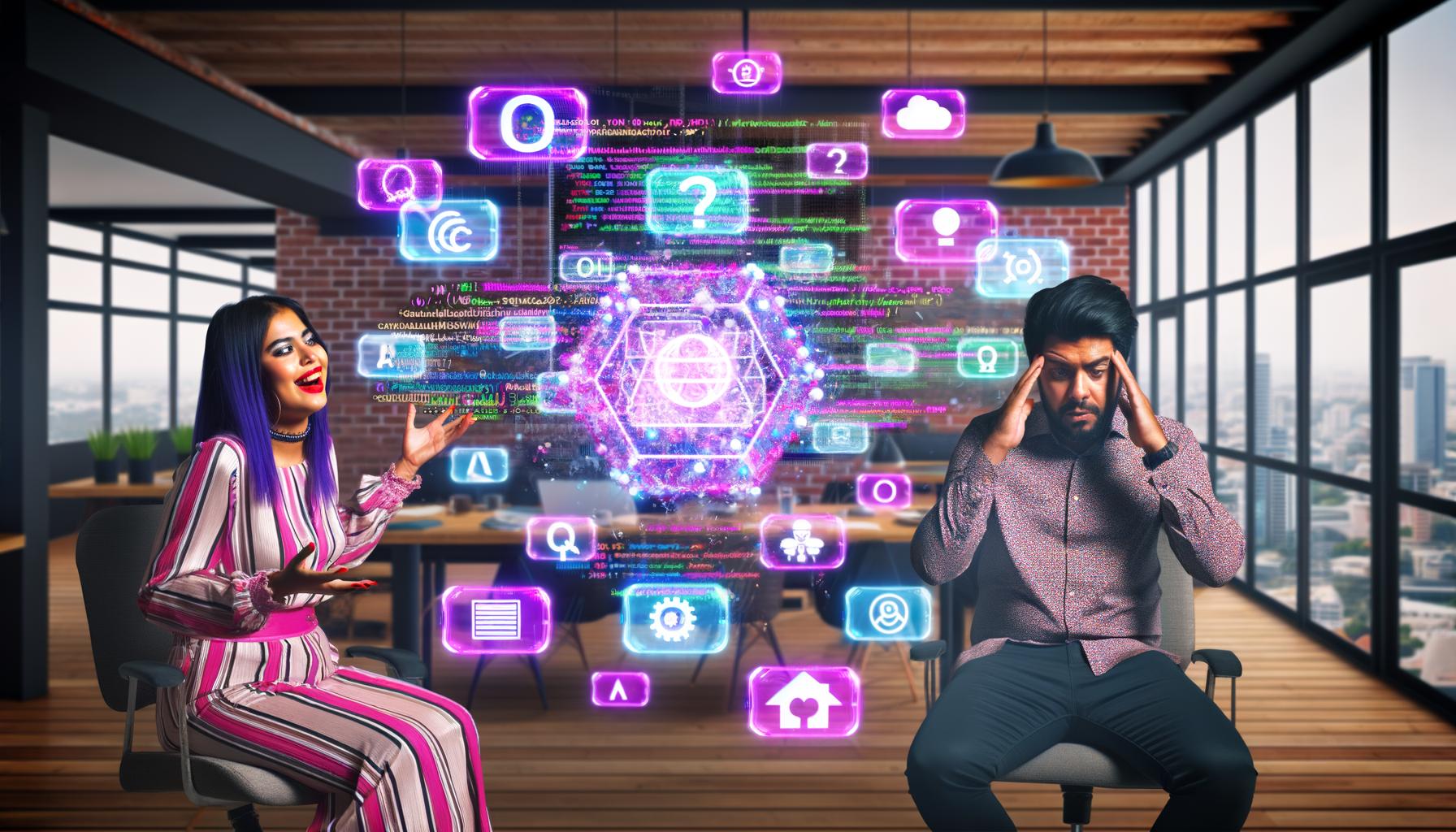 Hip gekleideter Marketer betrachtet bunte holografische Content-Module, während ein gestresster Entwickler einen Bildschirm mit Code und API-Diagrammen ansieht. Digitale Icons für KI, Cloud, SEO und Security sind zu sehen.