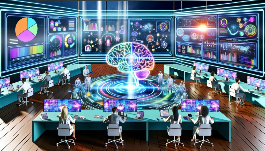 Futuristisches Großraumbüro mit Marketers, leuchtenden Touchscreens, bunten Datenvisualisierungen und zentraler KI-Schaltzentrale.