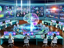 Futuristisches Großraumbüro mit Marketers, leuchtenden Touchscreens, bunten Datenvisualisierungen und zentraler KI-Schaltzentrale.