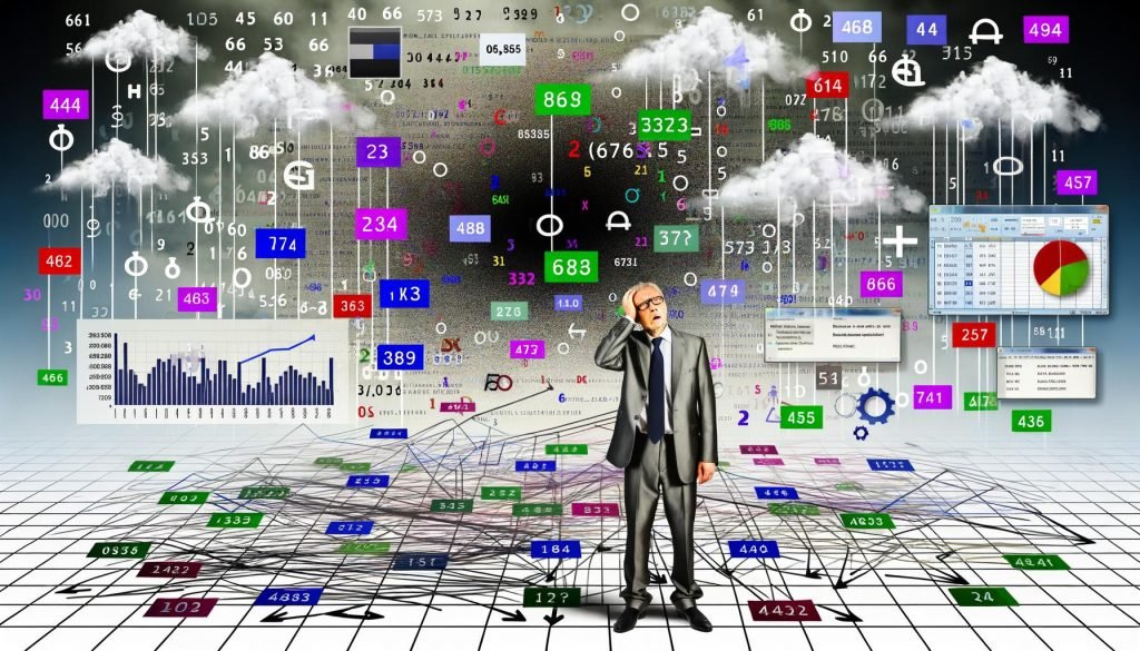 Eine verwirrte, modern gekleidete Person inmitten eines dichten digitalen Dschungels aus Datenströmen, Zahlen, Icons und chaotischen Diagrammen, inspiriert vom Stil einer Magazin-Titelseite.