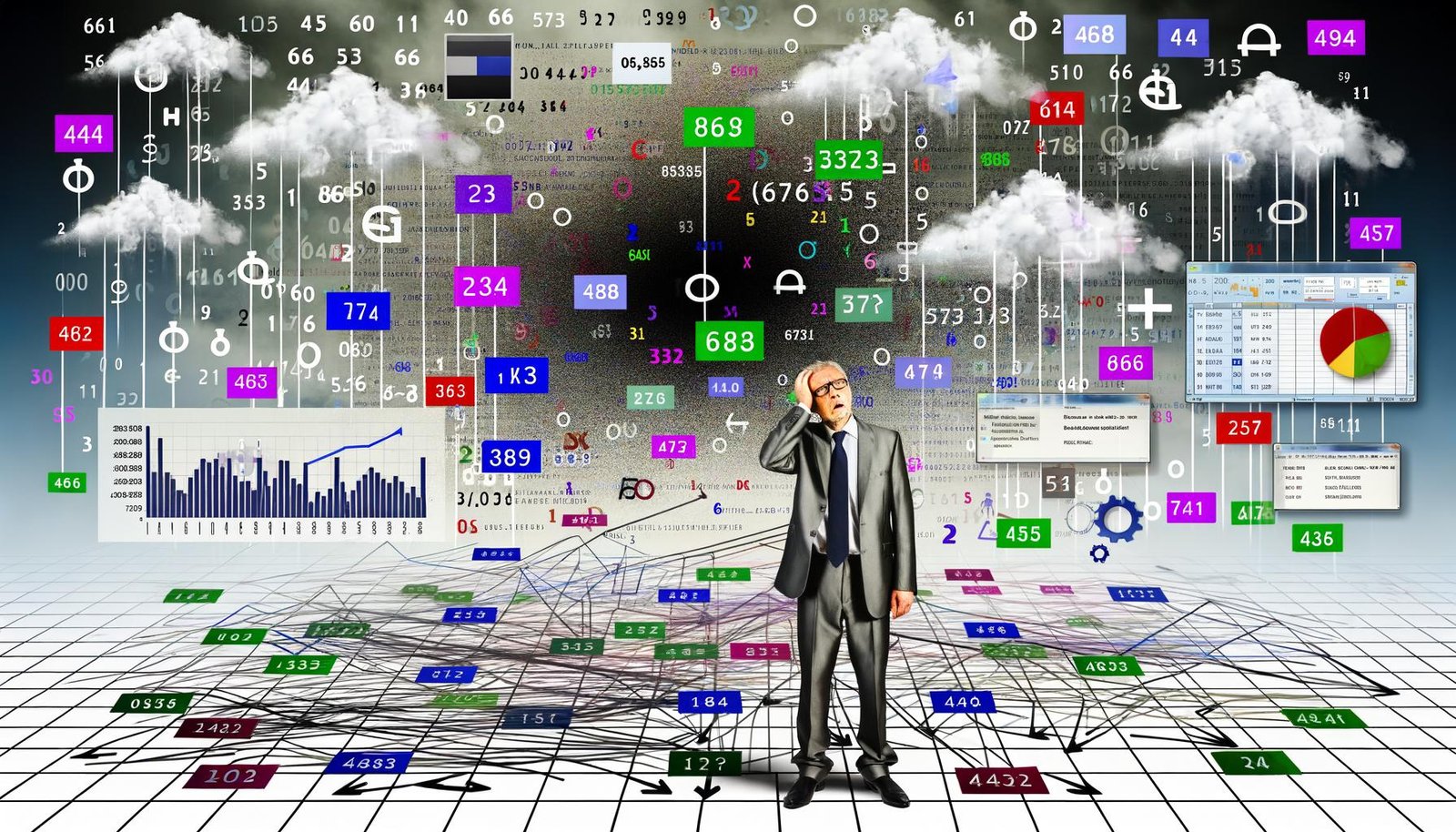 Eine verwirrte, modern gekleidete Person inmitten eines dichten digitalen Dschungels aus Datenströmen, Zahlen, Icons und chaotischen Diagrammen, inspiriert vom Stil einer Magazin-Titelseite.